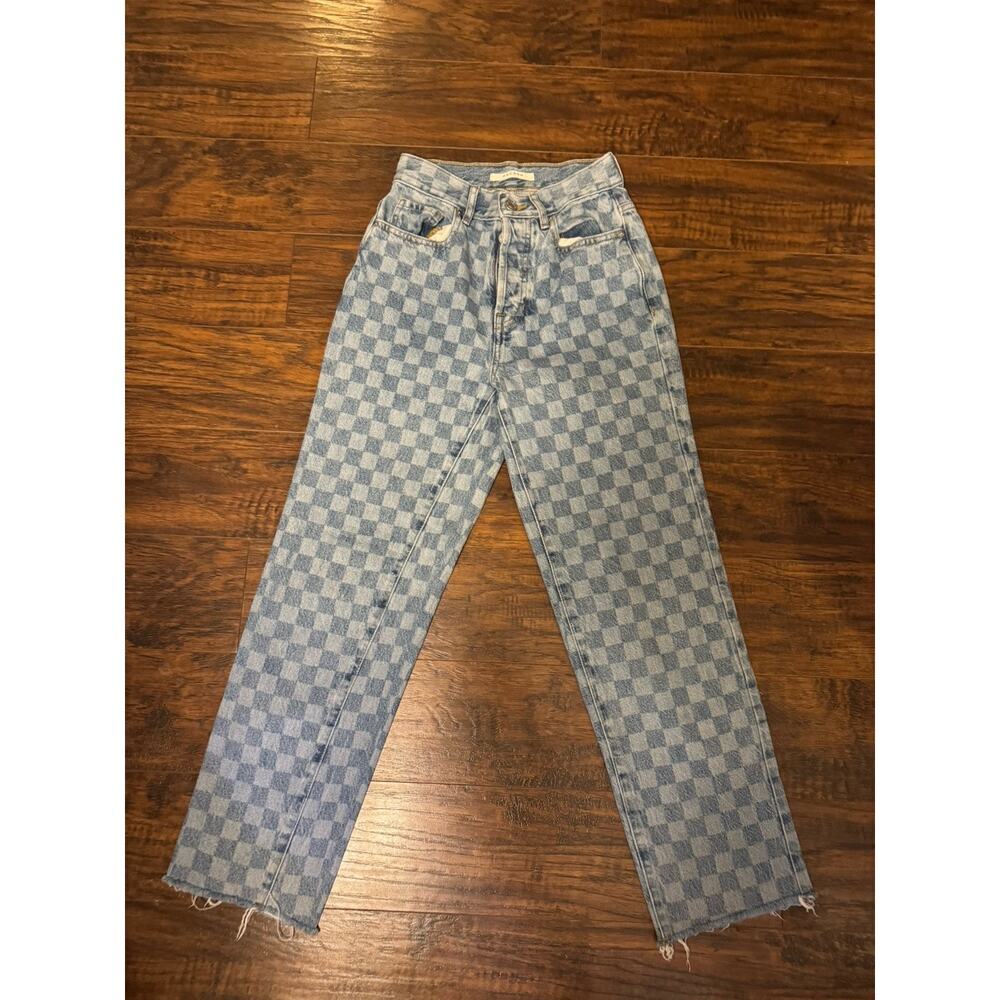 PacSun Women's Checkered High-Rise Straight 23 Button Fly Denim Jeans